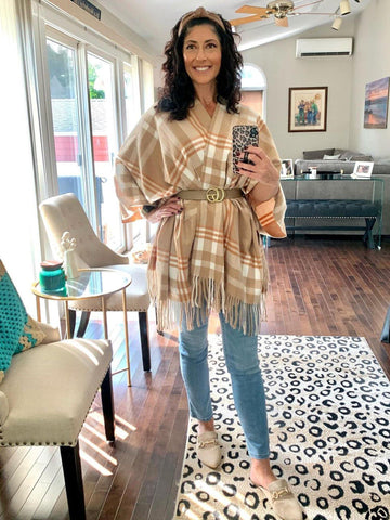 Camel And Cream Plaid Poncho - Shopmossrose